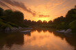 © ADS - A vibrant sunset over a calm river, with a dense jungle in the background, hyper realistic, 8k resolution, cinematic lighting