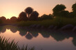 © ADS - A vibrant sunset over a calm river, with a dense jungle in the background, hyper realistic, 8k resolution, cinematic lighting