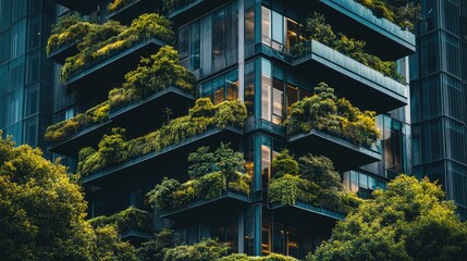 Poster - Architecture image with a modern glass building with a lot of green plants