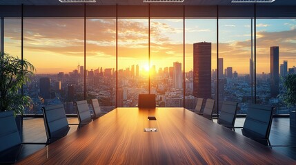 Poster - Modern boardroom with a large window view of a cityscape