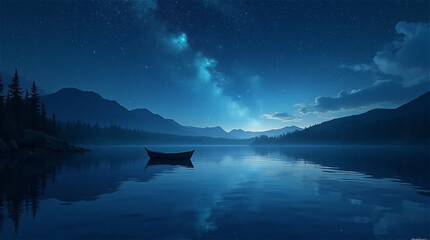  a small boat by a lake with a floating Milky Way2