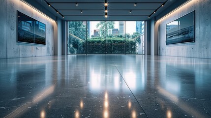 Poster - Empty showroom with glossy floors and ambient lighting