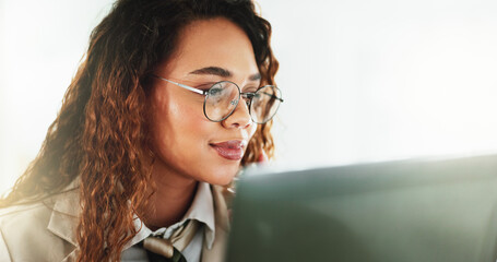 Fototapete - Face, glasses and laptop with accountant woman in office for administration, report or research. Bookkeeping, computer and reading with African business employee in workplace for financial management