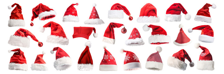 Wall Mural - Set of isolated Santa hats on a transparent background for ornamental Christmas and New Year party decoration elements.