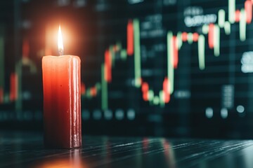 Poster - Abstract representation of financial markets featuring a red candle against a backdrop of chaotic stock market graphs and candlestick patterns illustrating volatility and uncertainty.