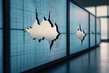 Poster - Fractured Stock Market Screens with High Contrast Displaying Digital Trends and Analyzed Data in a Modern Office Environment
