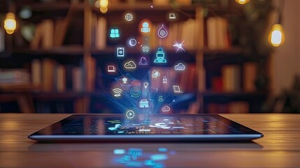 Poster - Digital tablet with floating educational icons
