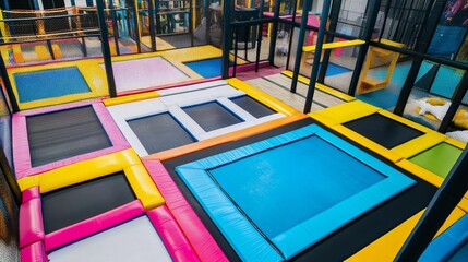 Poster - A modern indoor trampoline park with colorful trampolines, foam pits, and safety nets
