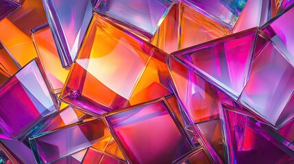 Canvas Print - 3D abstract geometric shapes create overlapping glass slices in vibrant shades of pink, purple, and orange. This mosaic design highlights prism effects and refraction, offering ideal banner space.