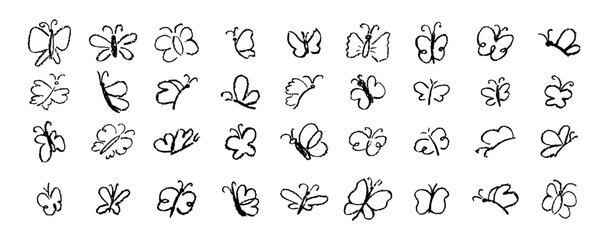 Poster - Set of butterflies drawing by pastel or charcoal pencil. Black chalk line butterfly simple element on white chalkboard background. Like children's drawing cute fly collection. Vector illustration.
