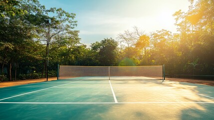 Aufkleber - A peaceful outdoor badminton court with freshly painted lines and nets set up, surrounded by lush greenery and a bright sky, early morning light adding a serene touch