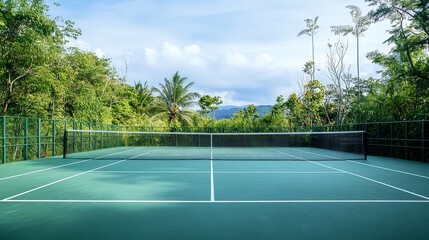 Poster - A peaceful outdoor badminton court with freshly painted lines and nets set up, surrounded by lush greenery and a bright sky, early morning light adding a serene touch