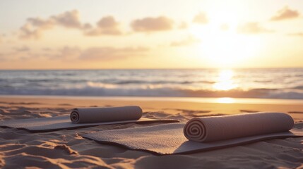 Aufkleber - A peaceful outdoor beach yoga session at sunrise, with yoga mats laid out on soft sand and calm ocean waves in the background, Serene style