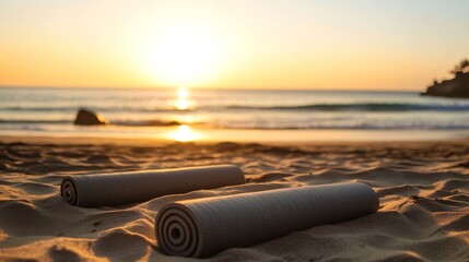 Poster - A peaceful outdoor beach yoga session at sunrise, with yoga mats laid out on soft sand and calm ocean waves in the background, Serene style