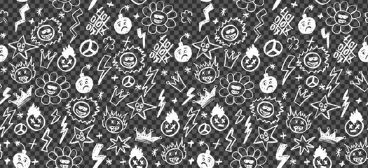 Wall Mural - grunge rock seamless pattern with doodle elements. wax pencil drawing face with tongue out, cartoon 
