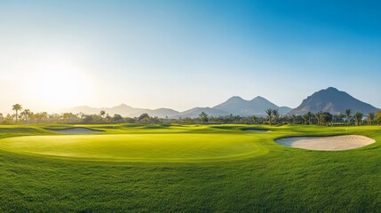 Poster - A peaceful outdoor golf course with a well-maintained green and sand traps, surrounded by scenic mountains and clear blue sky, early morning light enhancing the serene atmosphere