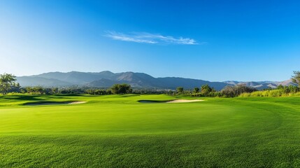 Poster - A peaceful outdoor golf course with a well-maintained green and sand traps, surrounded by scenic mountains and clear blue sky, early morning light enhancing the serene atmosphere