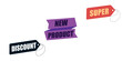 © Ophelia - Promotional tags with phrases like 'Discount,' 'New Product,' and 'Super.' Labels for advertising and product highlights.