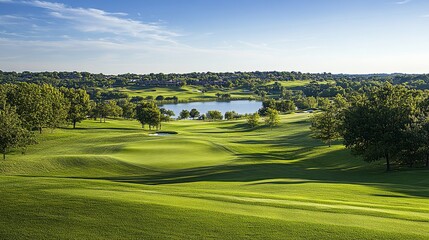 Aufkleber - A picturesque outdoor golf course with well-manicured greens, rolling hills, and a lake in the background