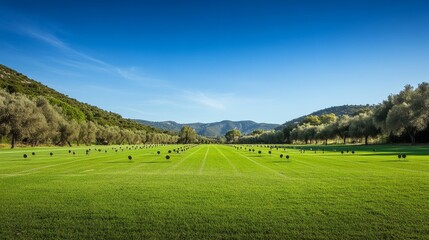 Poster - A pristine outdoor archery range with neatly arranged targets, vibrant green grass, and clear skies