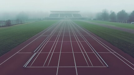 Poster - A pristine outdoor running track with marked lanes and a stadium in the distance, early morning mist creating a serene atmosphere, Minimalist style