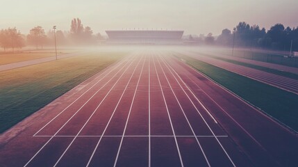 Poster - A pristine outdoor running track with marked lanes and a stadium in the distance, early morning mist creating a serene atmosphere, Minimalist style