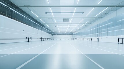 Poster - A quiet indoor fencing hall with pistes and scoring equipment, brightly lit with clean, metallic surfaces