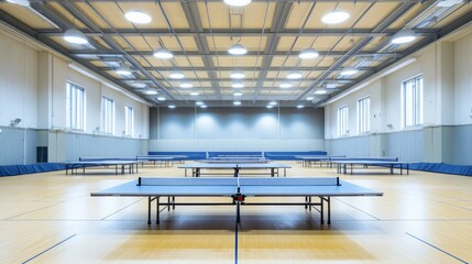 Aufkleber - A quiet indoor table tennis hall with tables and nets set up, bright lighting and clean, marked flooring