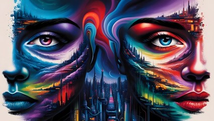 Poster - Artistic portraits futuristic cityscape digital art vibrant colors close-up duality of identity