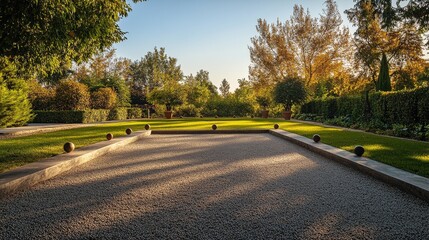 Poster - A quiet outdoor bocce court with a well-maintained gravel surface and neatly aligned balls, surrounded by a garden setting, early morning light adding a peaceful touch
