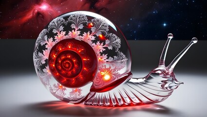 Poster - Artistic glass snail cosmic background sculpture studio setting close-up view imagination