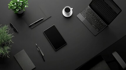 Poster - Minimalist office desk with sleek tech gadgets and a cup of coffee