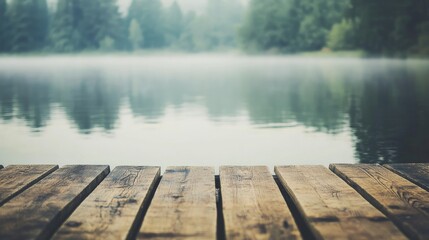 Poster - A rowing dock's edge with water lapping against the wood, outdoor setting on a misty lake, Calm style