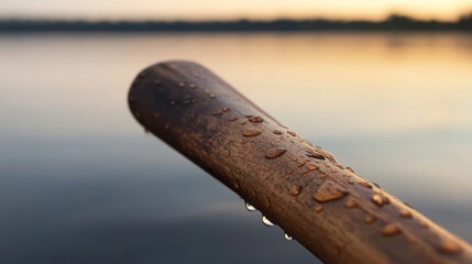 Poster - A rowing oar's handle with worn grip and water droplets, outdoor setting at dawn on a calm lake, Serene style
