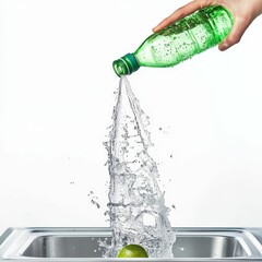 Wall Mural - Water pouring from bottle into sink.