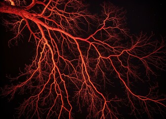 Wall Mural - Captivating Night Photography of Blood Veins on a Black Background, Revealing Intricate Patterns and Textures for Medical, Artistic, and Abstract Visuals