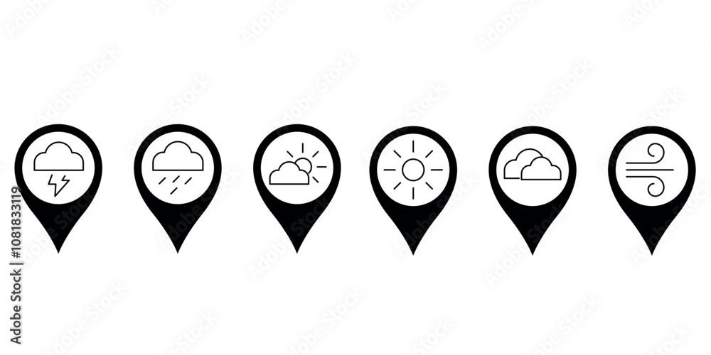 Weather Marker Weather icons with markers, including storm, rain, sun, and wind ...