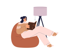Aufkleber - Woman reading book, relaxing on cozy bean bag chair under lamp. Reader enjoying leisure time with literature, sitting on beanbag seat at home. Flat vector illustration isolated on white background