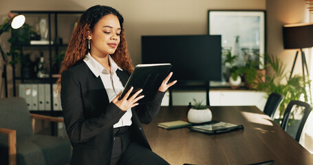 Poster - Legal, reading and tablet with lawyer woman in office for court case preparation or litigation. Information, law firm and research with attorney person in workplace for justice, prosecution or trial