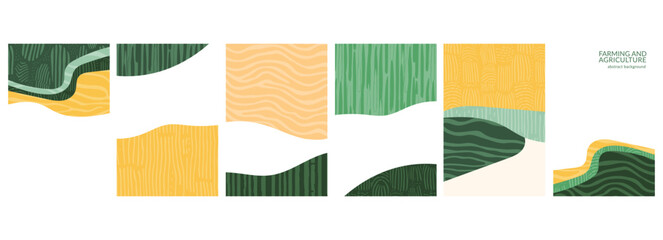Wall Mural - Abstract geometric pattern of sustainable agriculture. Green field illustration, rice, wheat, tea, vineyard, corn, forest in eco-friendly design. Modern, flat layout, aerial map, organic countryside