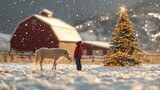 A young girl in a red jacket stands with a pony in a snowy field, admiring a decorated Christmas tree with a red barn in the background.