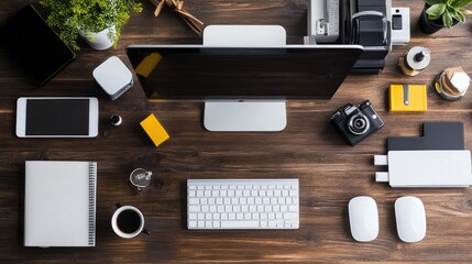 Poster - Minimalist office desk with sleek tech gadgets and a cup of coffee