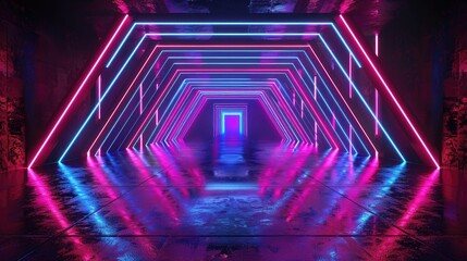 Poster - 3D geometric patterns with neon lights and reflections