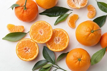 Poster - Close-Up Drone Photography of Ripe Oranges and Tangerines on a Fresh White Background, Perfect for Food Photography and Healthy Lifestyle Imagery