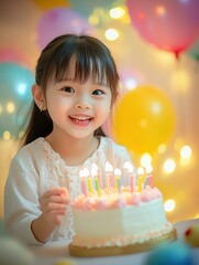 Canvas Print - Happy birthday girl with cake and candles. AI.