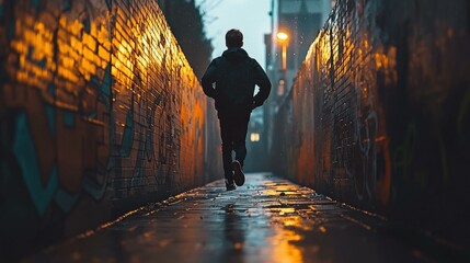 Canvas Print - Running through a graffiti-covered alley. AI.