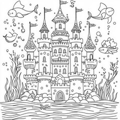 Poster - An underwater palace with mermaids, coloring page for kids, simple outline illustration. Coloring book, simple lines.