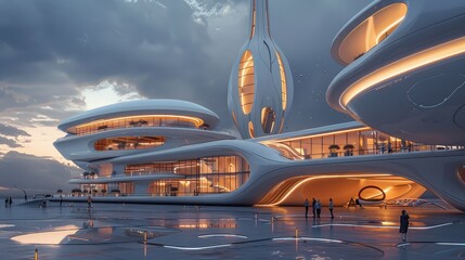Poster - Perspective view of a futuristic tower with curved shapes