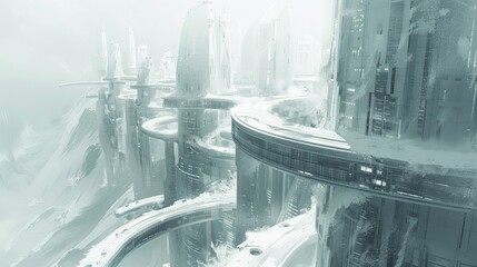 Poster - Perspective view of a futuristic tower with curved shapes