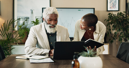 Canvas Print - Business, review or technology with black woman and mentor in office for advice or assistance. Feedback, laptop and tablet with happy employee talking to manager man in workplace for help or report